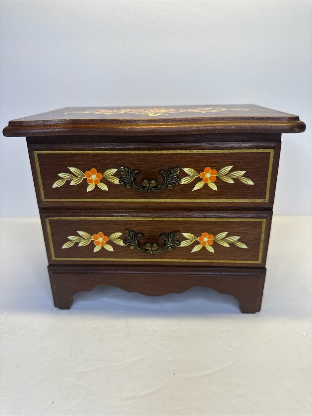 Vintage Japanese Musical Jewelry Box Chest Hand Painted Floral 2 Drawer EUC 🌼